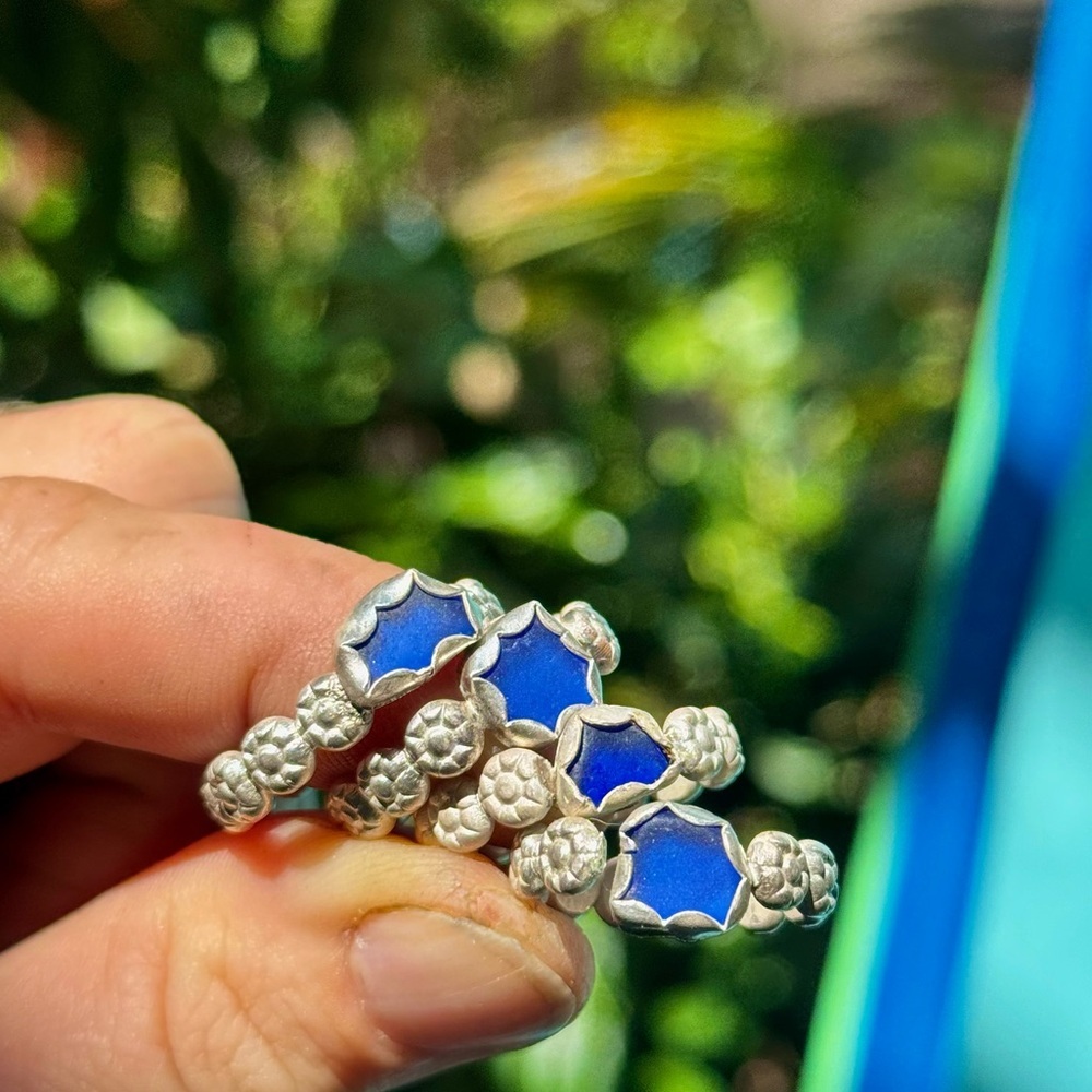 Cobalt blue sea glass beaded floral sterling & fine silver thick band - Picture 2 of 4